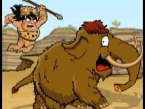 Cartoon of caveman attacking a wooly mammoth with spear